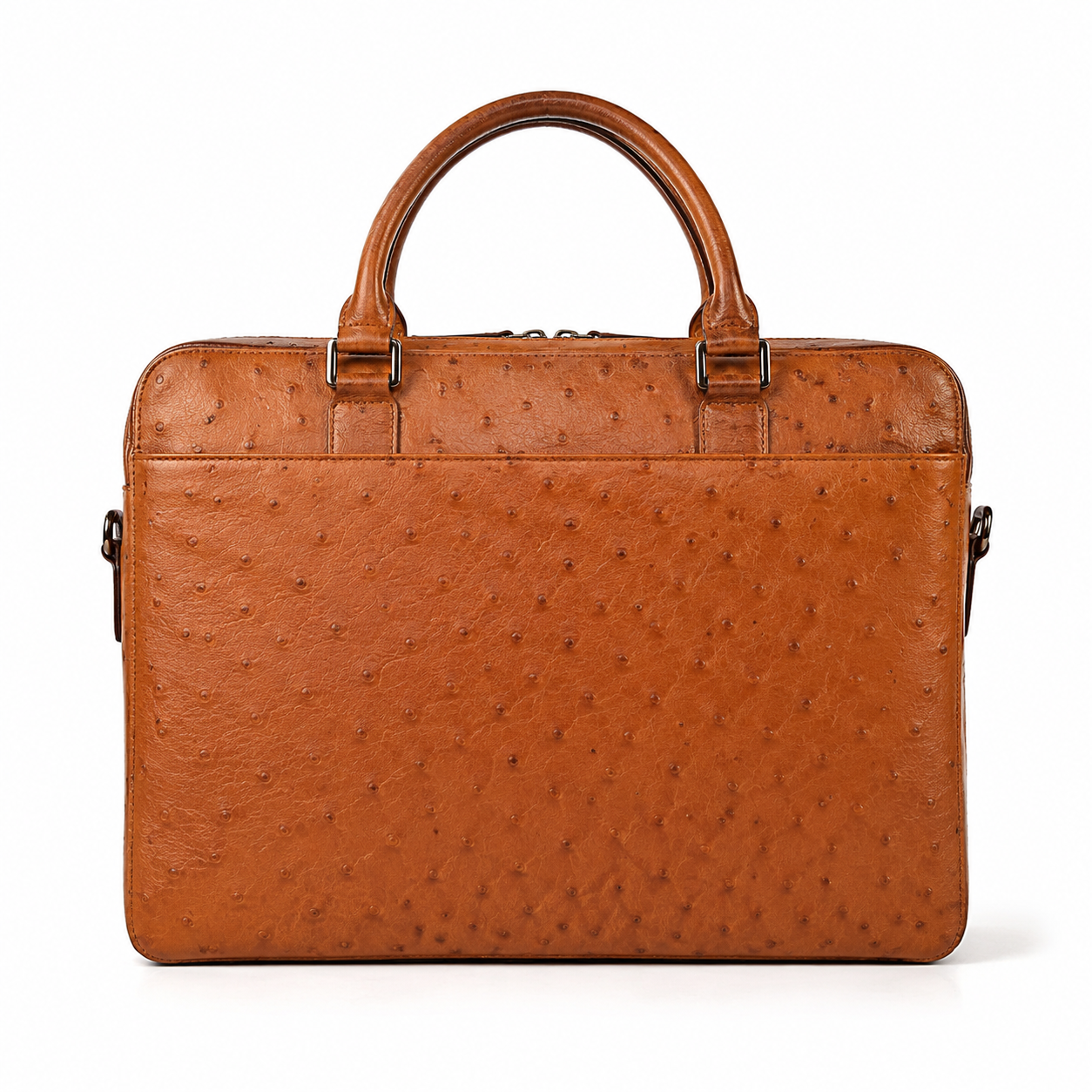 Side view of the briefcase with gold hardware.