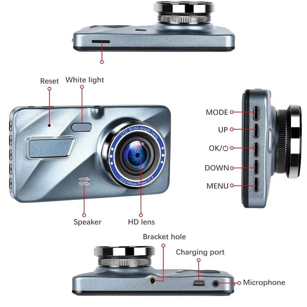 10 cm Dual Lens Dash Cam with Full HD 1080P, Night Vision, Front and Rear View, Loop Recording, Aluminium Alloy Black Bo