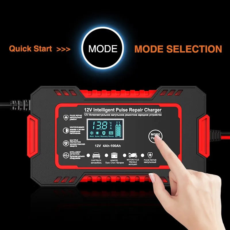 12V 6A Smart Car Battery Charger with Pulse Repair & LCD Display