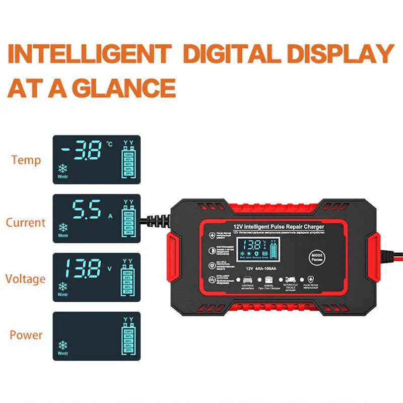 12V 6A Smart Car Battery Charger with Pulse Repair & LCD Display