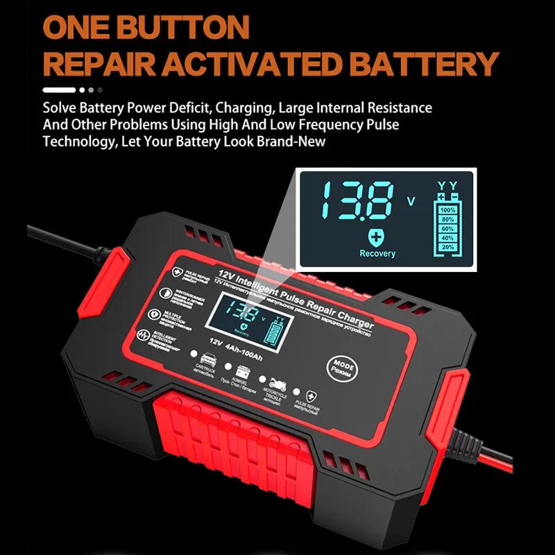 12V 6A Smart Car Battery Charger with Pulse Repair & LCD Display