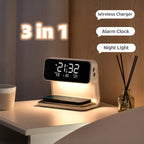 3-in-1 Bedside Lamp with Wireless Charger – LCD Alarm Clock & Touch Dimmable LED Table Lamp