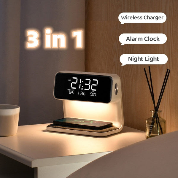3-in-1 Bedside Lamp with Wireless Charger – LCD Alarm Clock & Touch Dimmable LED Table Lamp