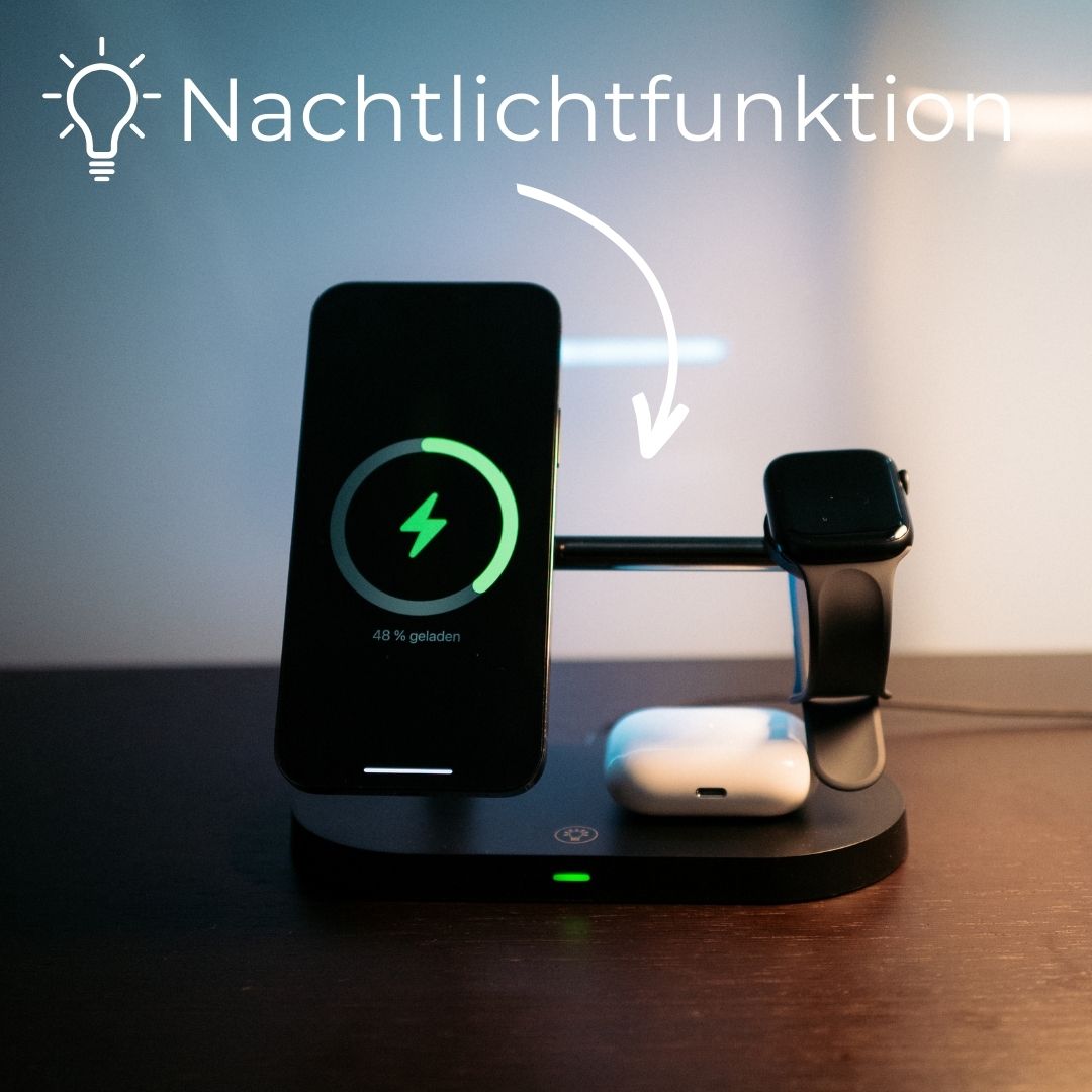 3-in-1 Wireless Charger for Smartphone, Smartwatch and Earbuds – Fast Charging Station with Modern Design