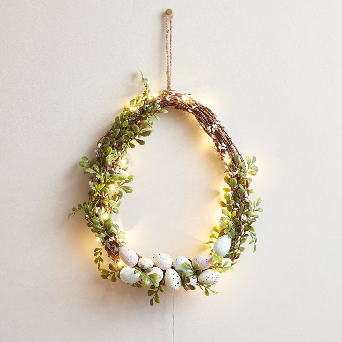 35cm Easter Wreath Decoration in Egg Shape with Micro Fairy Lights