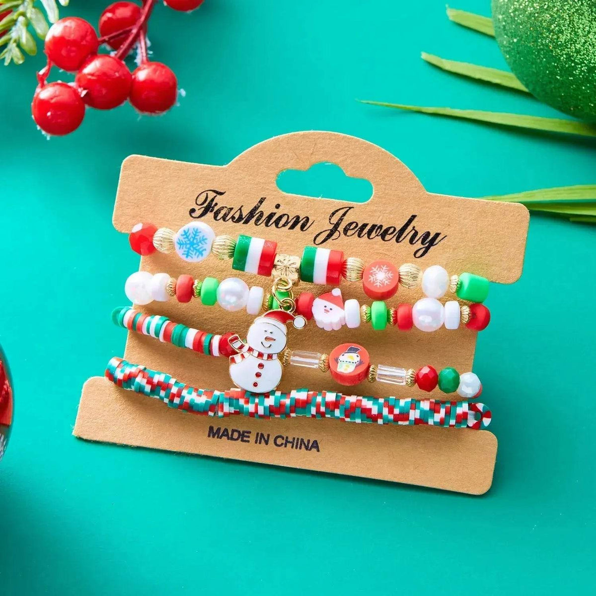 4-Piece Christmas Snowman Handmade Beaded Bracelet Set