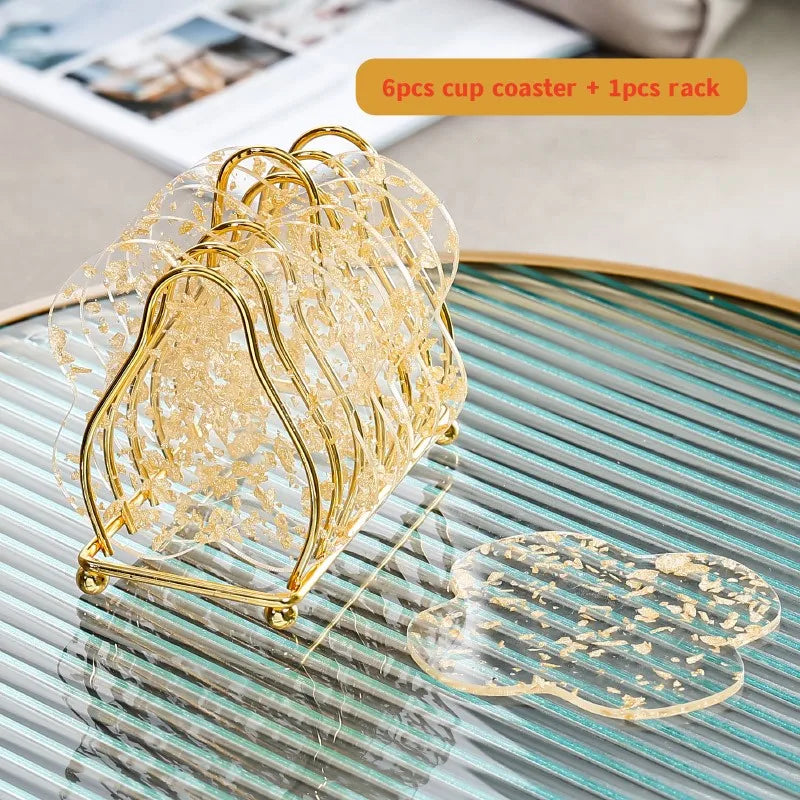 6-Piece Acrylic Gold Foil Coaster Set with Holder