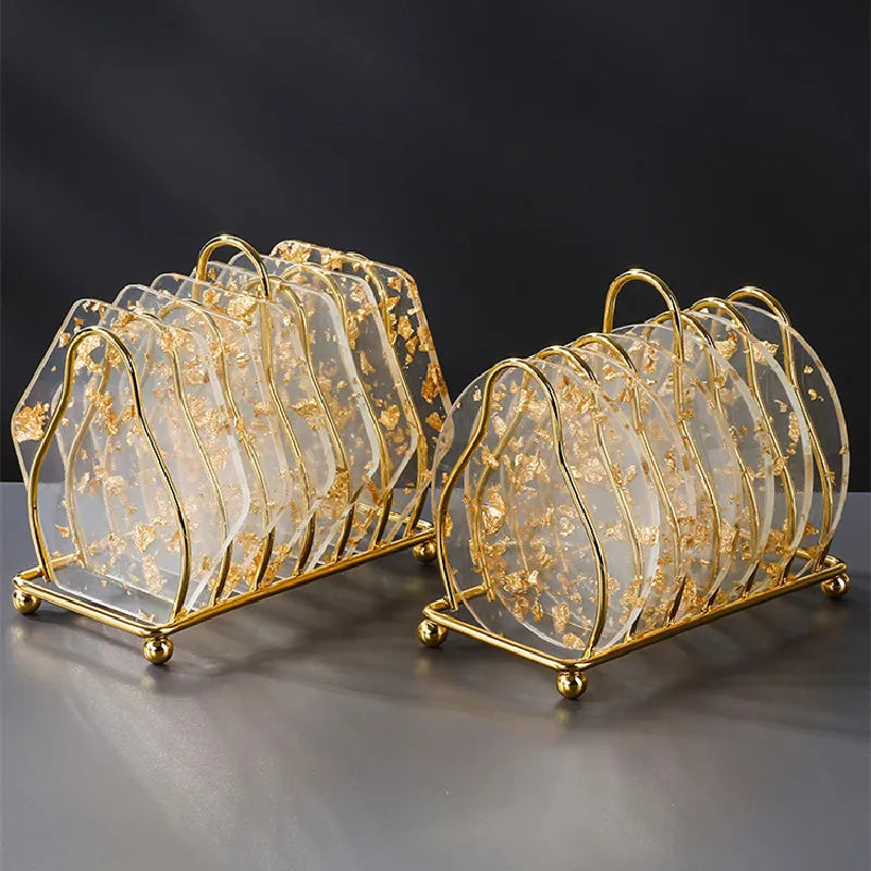 6-Piece Acrylic Gold Foil Coaster Set with Holder