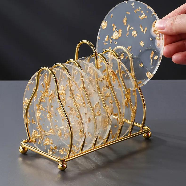 6-Piece Acrylic Gold Foil Coaster Set with Holder