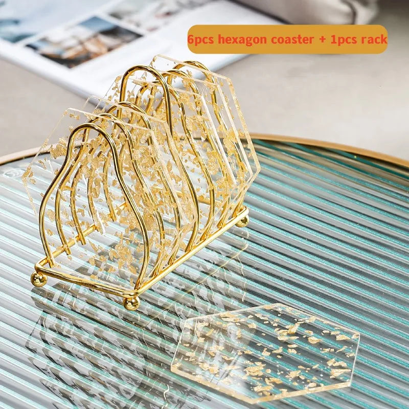 6-Piece Acrylic Gold Foil Coaster Set with Holder