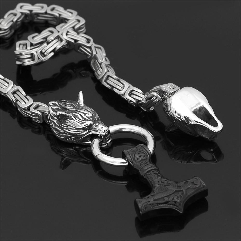 60–90 cm Stainless Steel Double Wolf Head & Mjölnir Survival Spirit Necklace/Bracelet