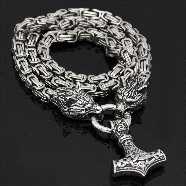 60–90 cm Stainless Steel Double Wolf Head & Mjölnir Survival Spirit Necklace/Bracelet