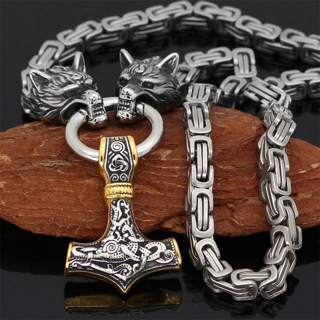 60–90 cm Stainless Steel Double Wolf Head & Mjölnir Survival Spirit Necklace/Bracelet