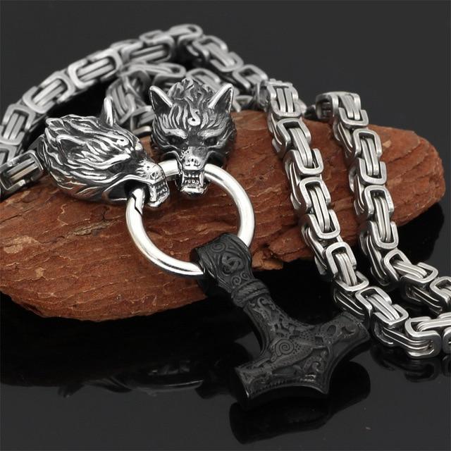 60–90 cm Stainless Steel Double Wolf Head & Mjölnir Survival Spirit Necklace/Bracelet