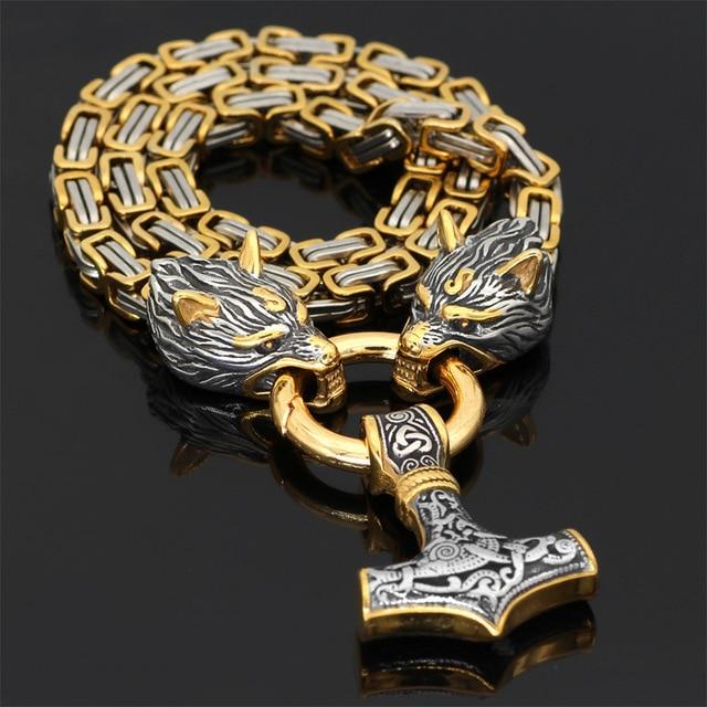 60–90 cm Stainless Steel Double Wolf Head & Mjölnir Survival Spirit Necklace/Bracelet