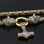 60–90 cm Stainless Steel Double Wolf Head & Mjölnir Survival Spirit Necklace/Bracelet