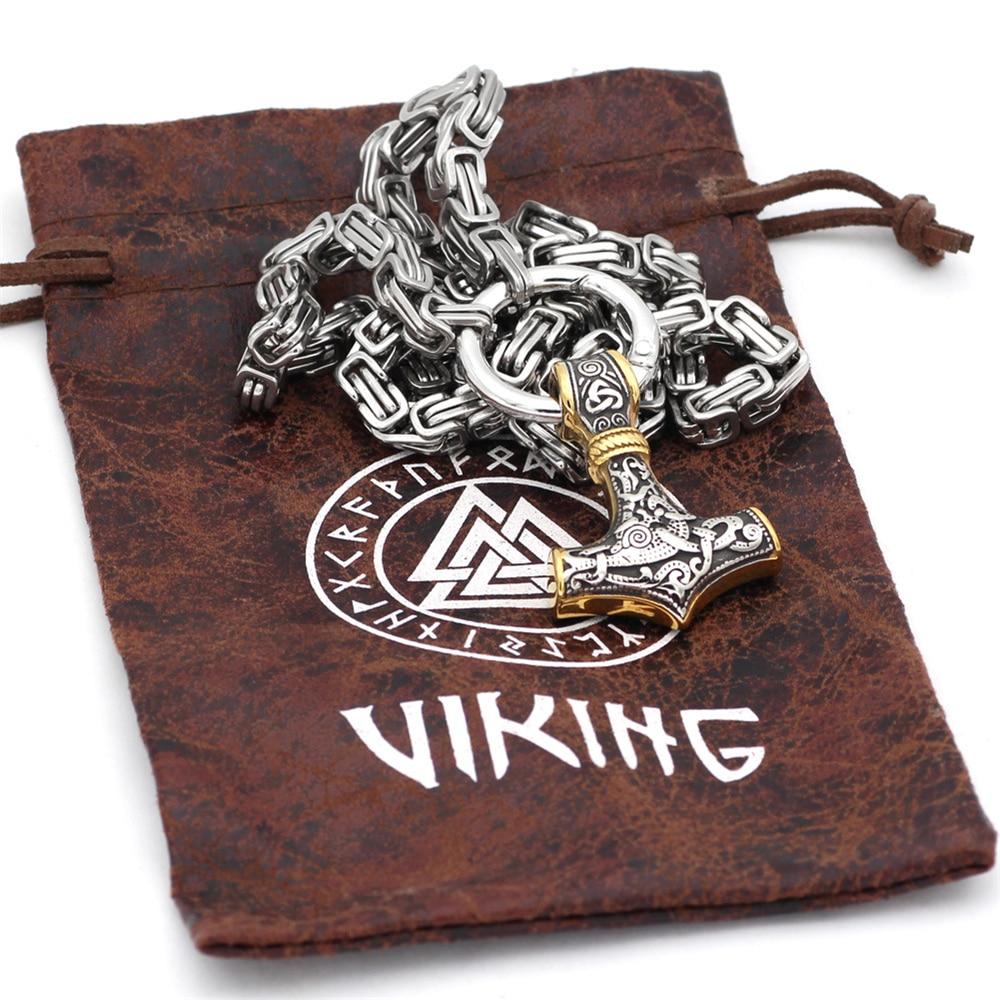 60–90 cm Stainless Steel Double Wolf Head & Mjölnir Survival Spirit Necklace/Bracelet
