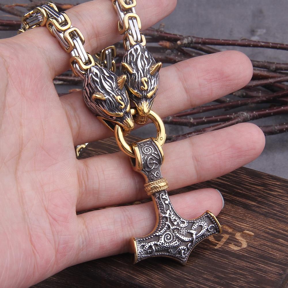 60–90 cm Stainless Steel Double Wolf Head & Mjölnir Survival Spirit Necklace/Bracelet