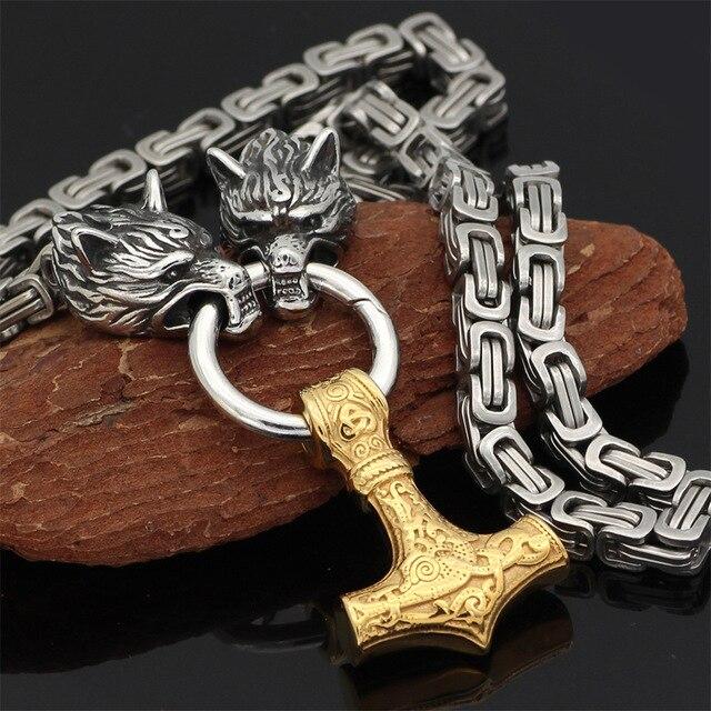 60–90 cm Stainless Steel Double Wolf Head & Mjölnir Survival Spirit Necklace/Bracelet