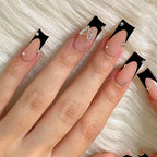 Acrylic Nail Set with Elegant Black and White Design and Glitter Accents