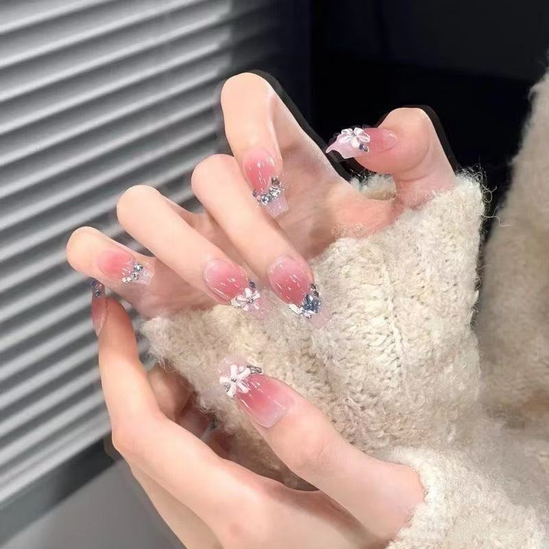 Acrylic Nail Set with Flower Decoration