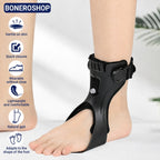 Adjustable orthopaedic foot drop support with breathable lining and ankle stabilisation