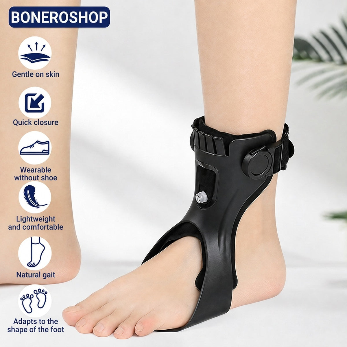 Adjustable orthopaedic foot drop support with breathable lining and ankle stabilisation