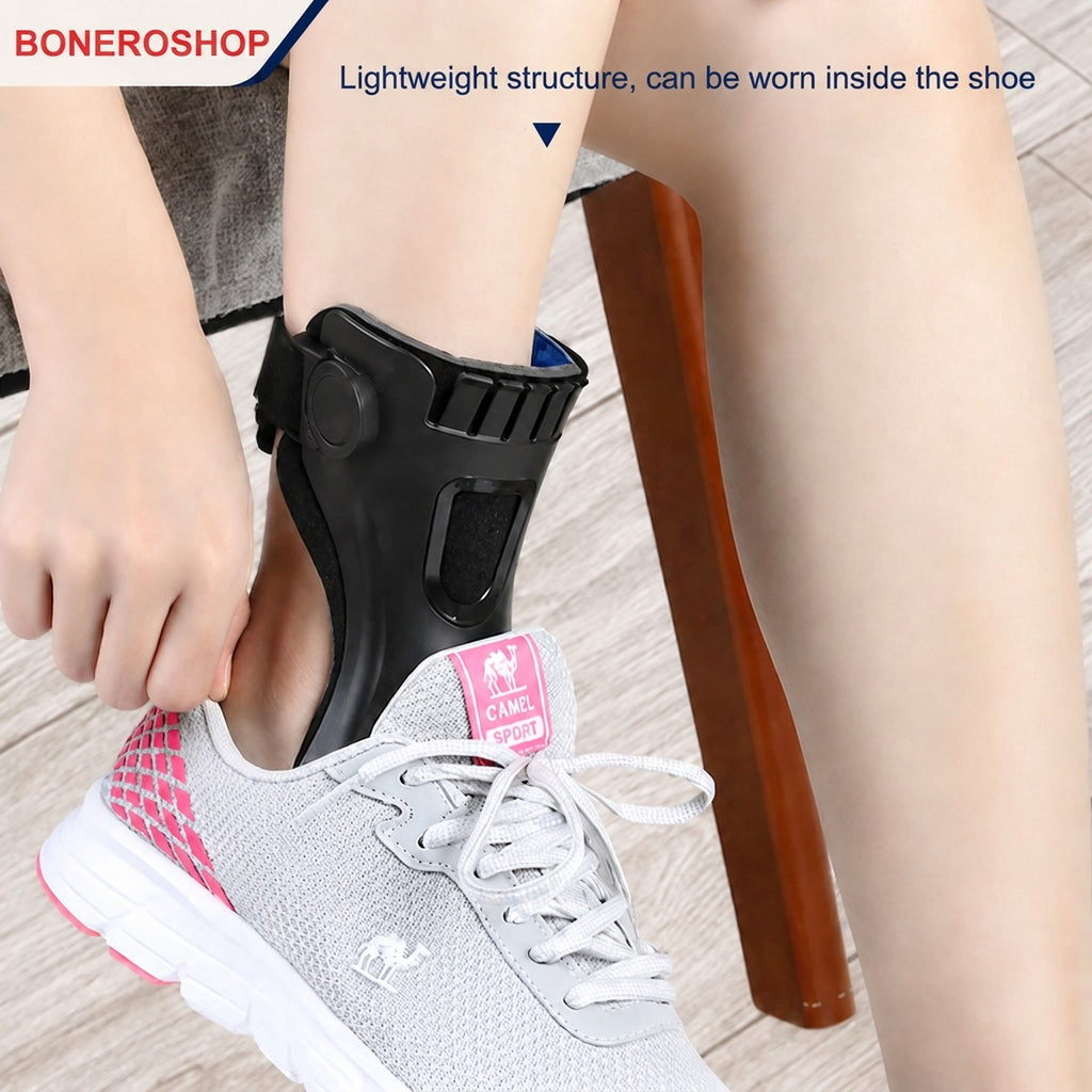 Adjustable orthopaedic foot drop support with breathable lining and ankle stabilisation