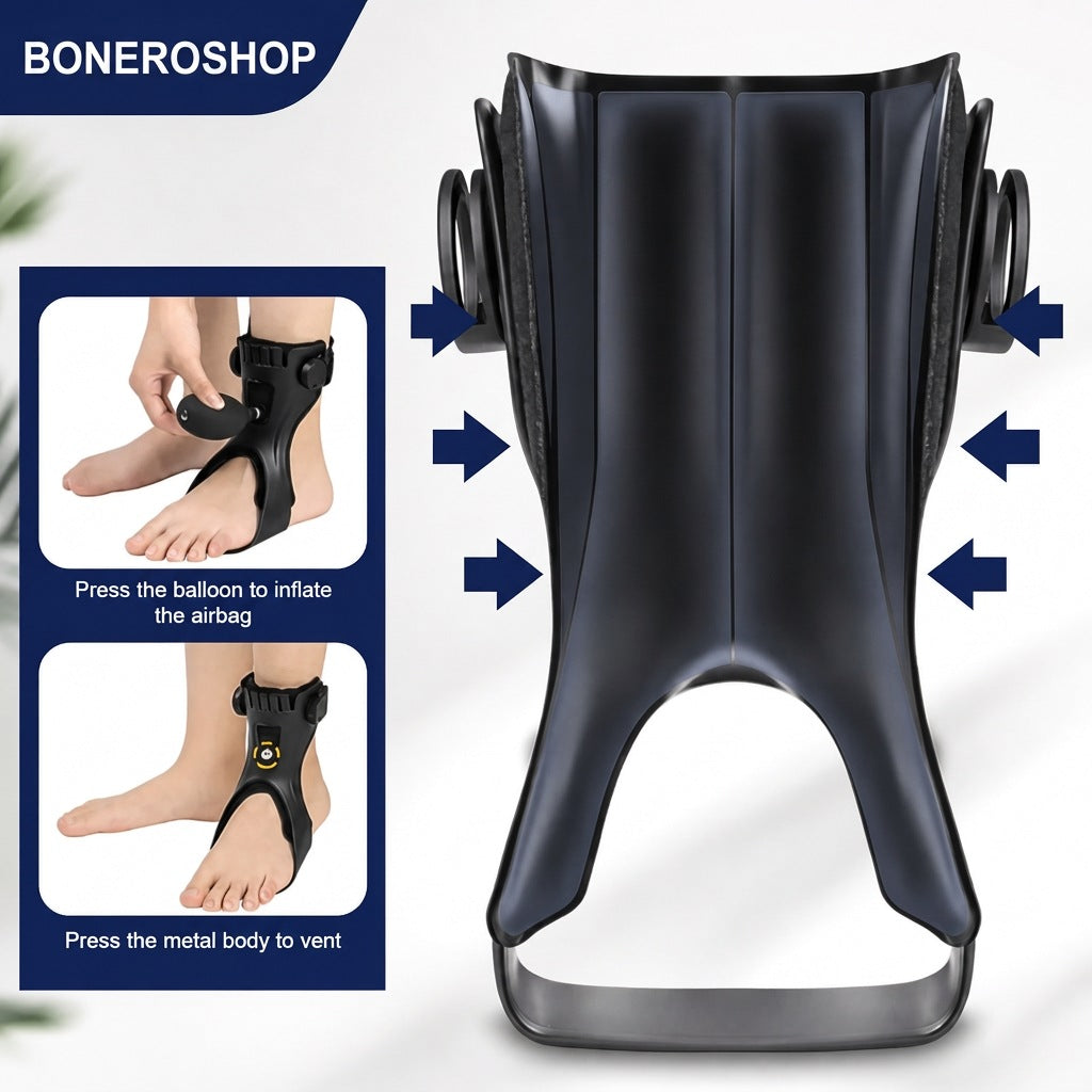 Adjustable orthopaedic foot drop support with breathable lining and ankle stabilisation