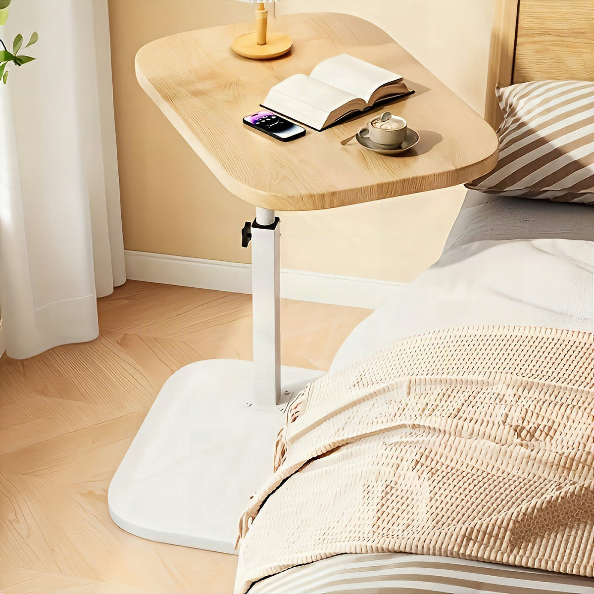 Adjustable Side Table with Natural Wood Top and Metal Frame