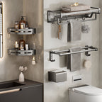Aluminium Modern Bathroom Accessories Set – Polished Grey Shelf, Paper Holder & Robe Hook