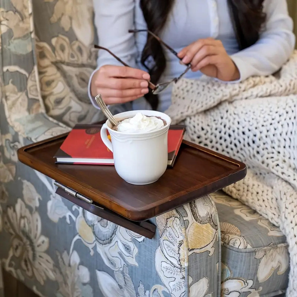 Armrest Tray Table | Adjustable Clamp & Bamboo Top | Rubber Grips