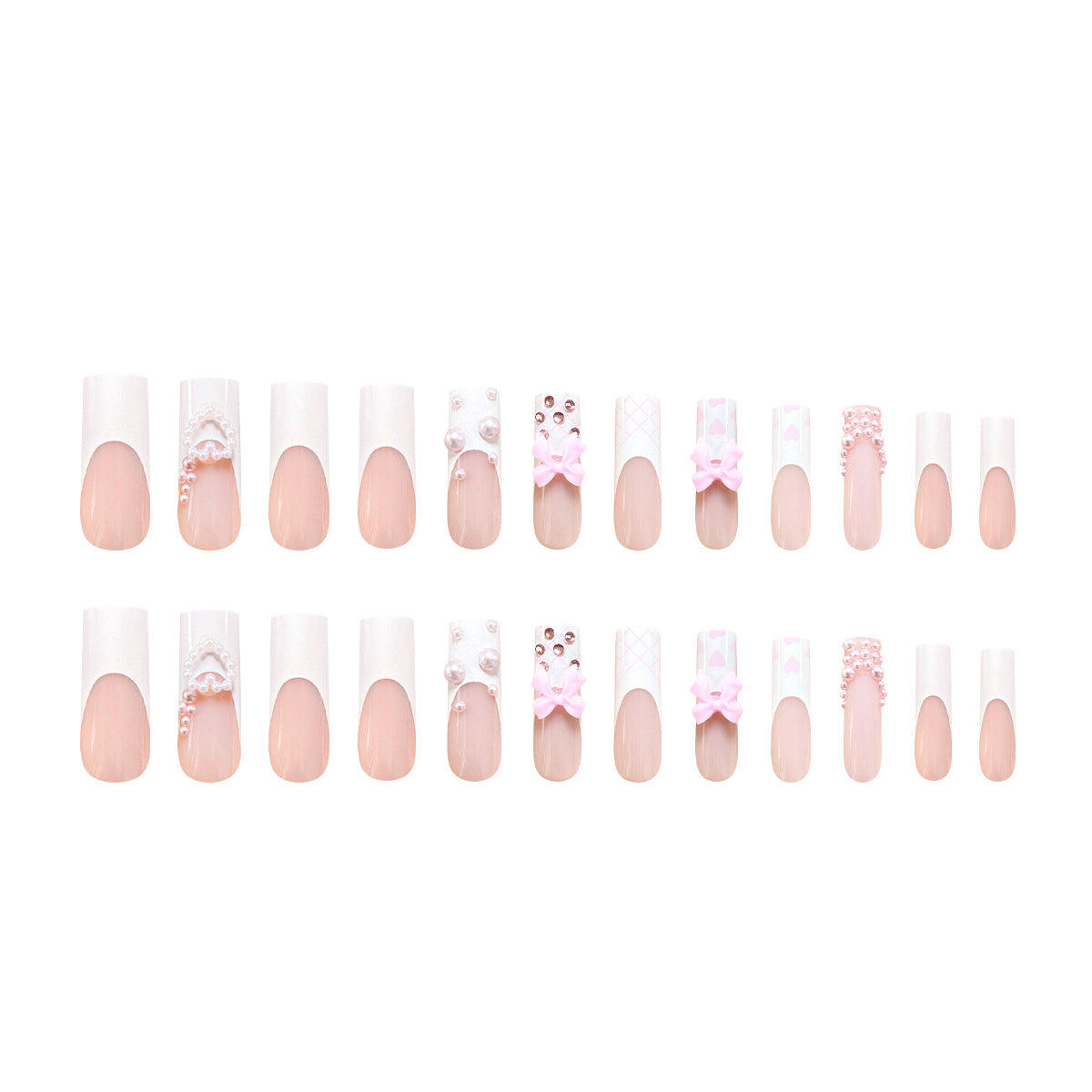 Artistic acrylic nails with bow and pearl decorations