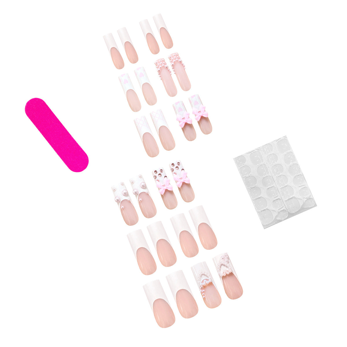 Artistic acrylic nails with bow and pearl decorations