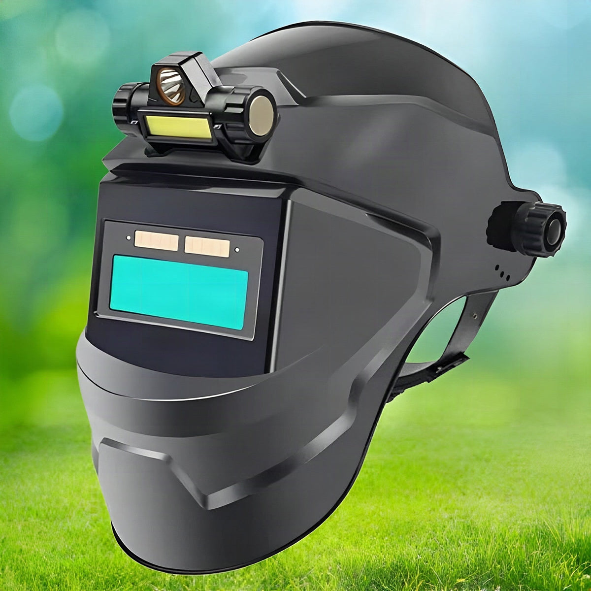 Auto-darkening welding mask with headlamp
