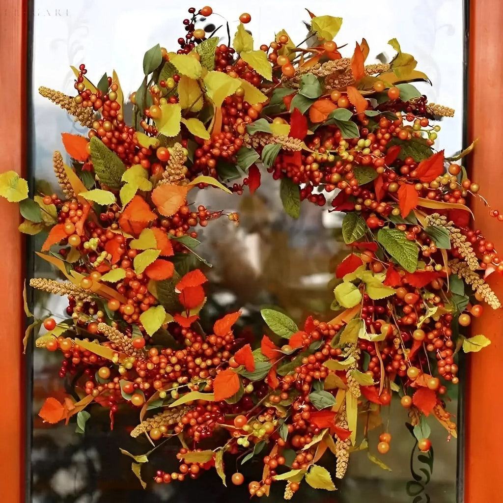 Autumn rattan wreath with leaves and berries for door