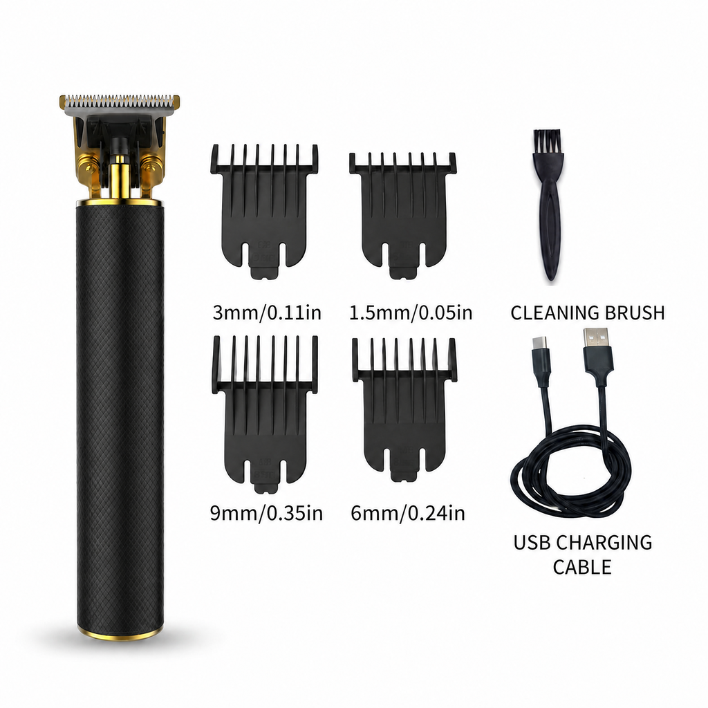 Beard trimmer, cordless T blade trimmer and hair clipper with 4 guide combs from 1.5 to 9 mm, 2200 mAh battery, USB char