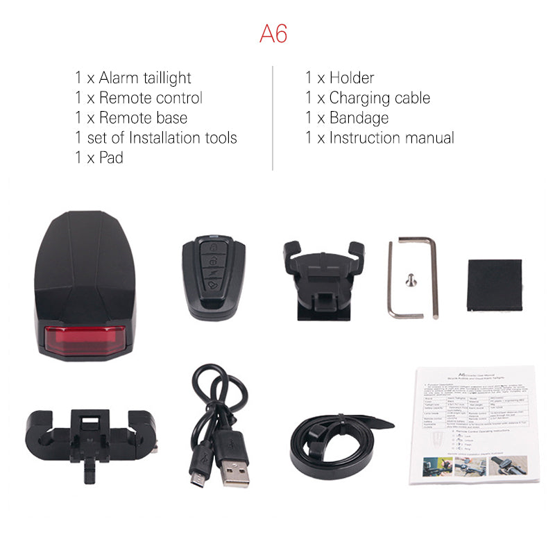 Bicycle Rear Light with Remote Control Alarm Lock