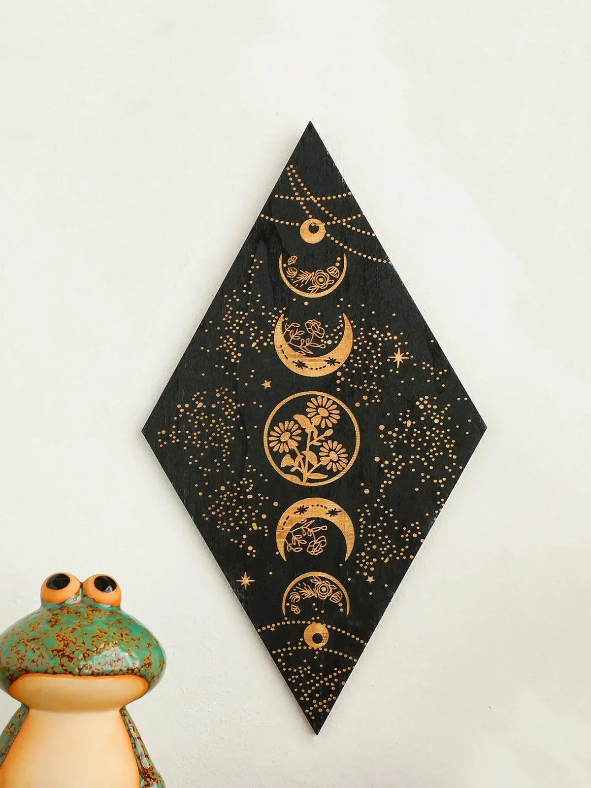 Black moon phases wooden wall decoration – rhombus boho wall art