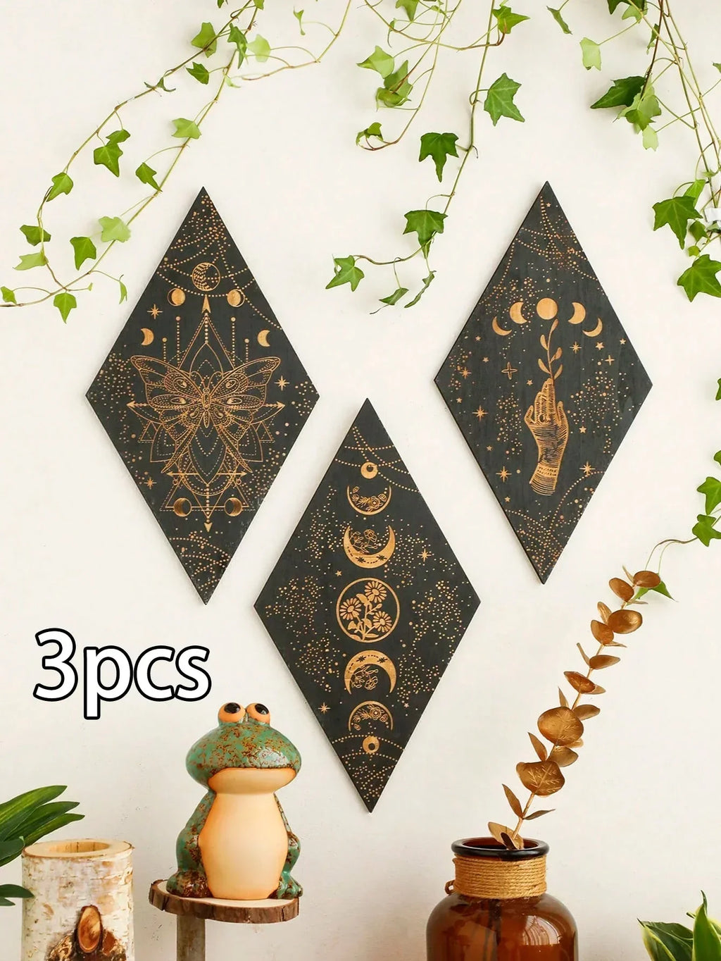 Black moon phases wooden wall decoration – rhombus boho wall art