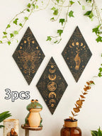 Black moon phases wooden wall decoration – rhombus boho wall art