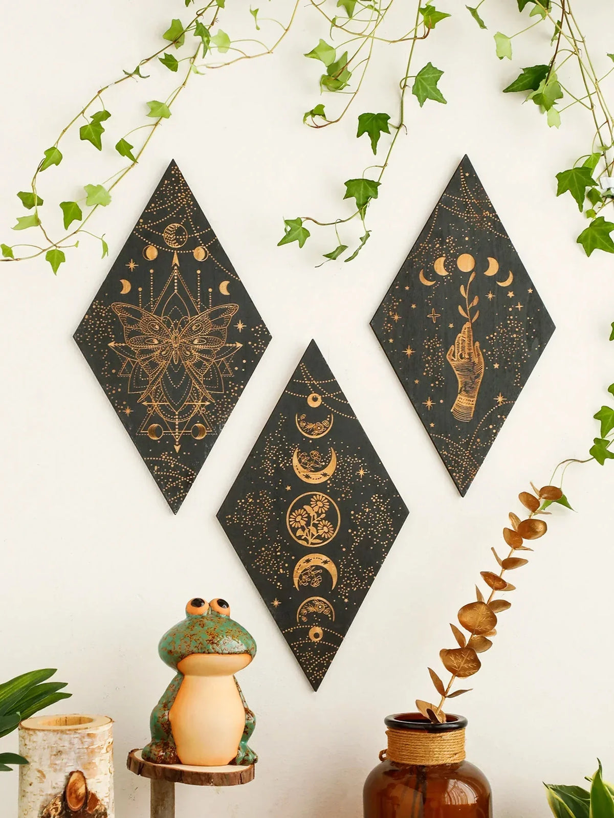 Black moon phases wooden wall decoration – rhombus boho wall art