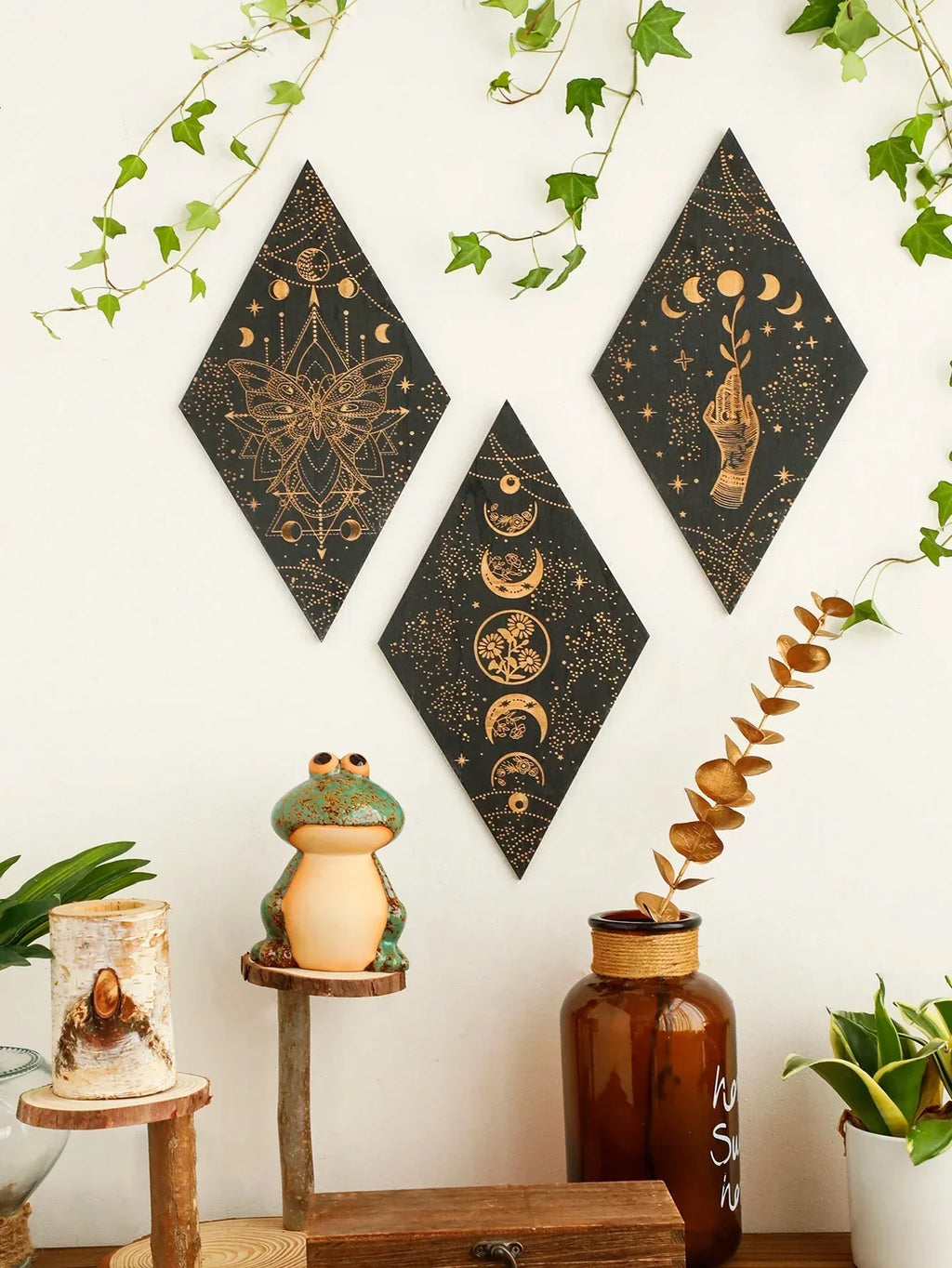 Black moon phases wooden wall decoration – rhombus boho wall art