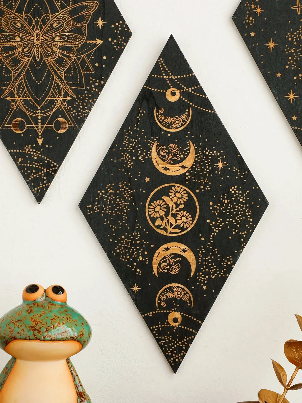 Black moon phases wooden wall decoration – rhombus boho wall art