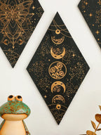 Black moon phases wooden wall decoration – rhombus boho wall art