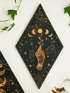 Black moon phases wooden wall decoration – rhombus boho wall art
