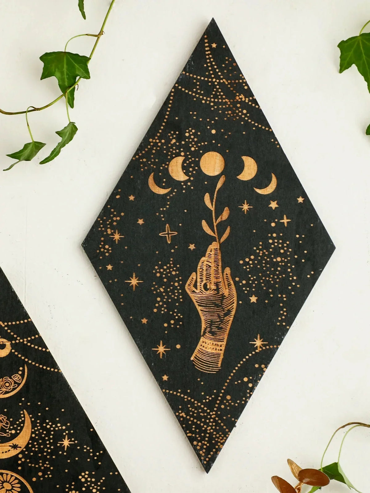 Black moon phases wooden wall decoration – rhombus boho wall art