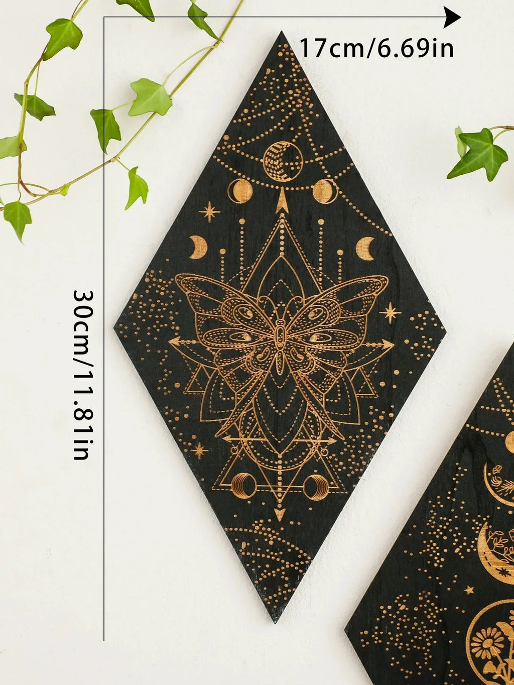 Black moon phases wooden wall decoration – rhombus boho wall art