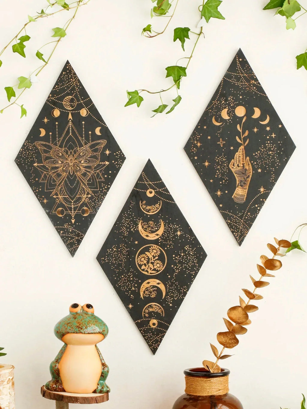 Black moon phases wooden wall decoration – rhombus boho wall art