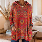 Bohemian Print Hooded Tunic Top with Relaxed Fit and Long Sleeves